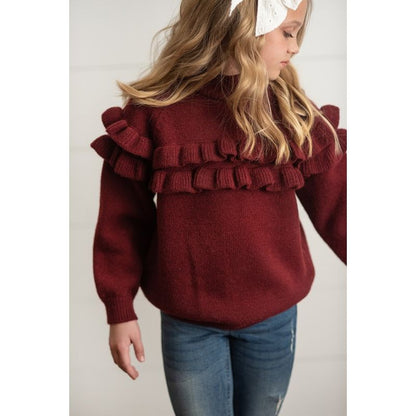 Girls Burgundy Ruffle Sweater