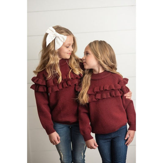 Girls Burgundy Ruffle Sweater