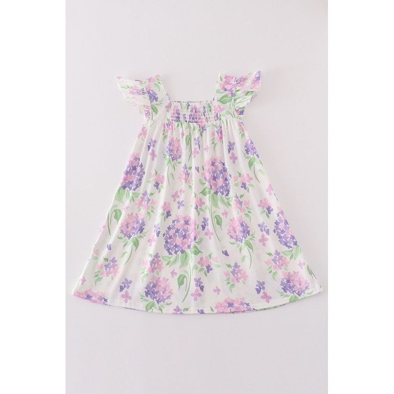 A short-sleeved purple hydrangea print dress with smocked design for baby girls.