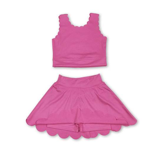 pink top with scallop detailing with a skort that has scallop detailing at the bottom hem, 2 piece set