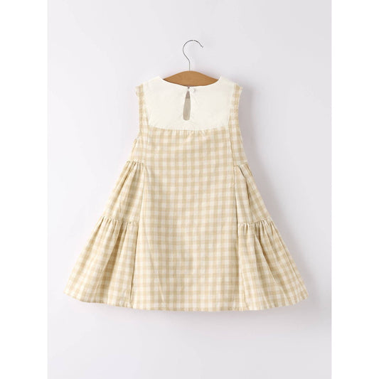 girls Easter bunny embroidered gingham dress, vintage style, beige, neutral colors, aesthetic, hanging on hanger on a neutral background, flowy skirt design on dress, back view