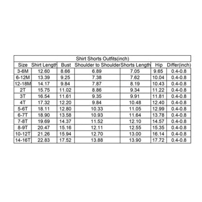 Measurement chart for shirt and shorts outfits with size dimensions.