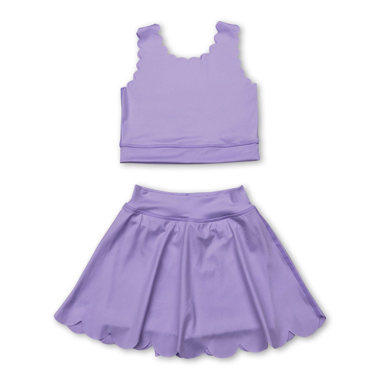 purple tank top with scallop detailing with a skort that has scallop detailing at the bottom hem, 2 piece set