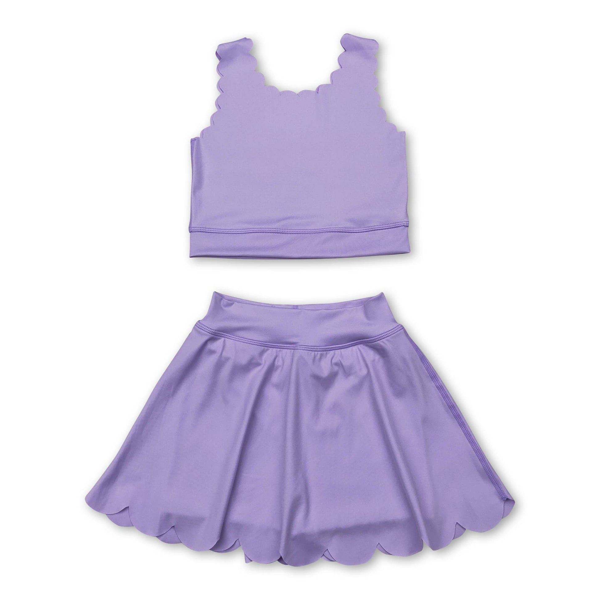 purple tank top with scallop detailing with a skort that has scallop detailing at the bottom hem, 2 piece set